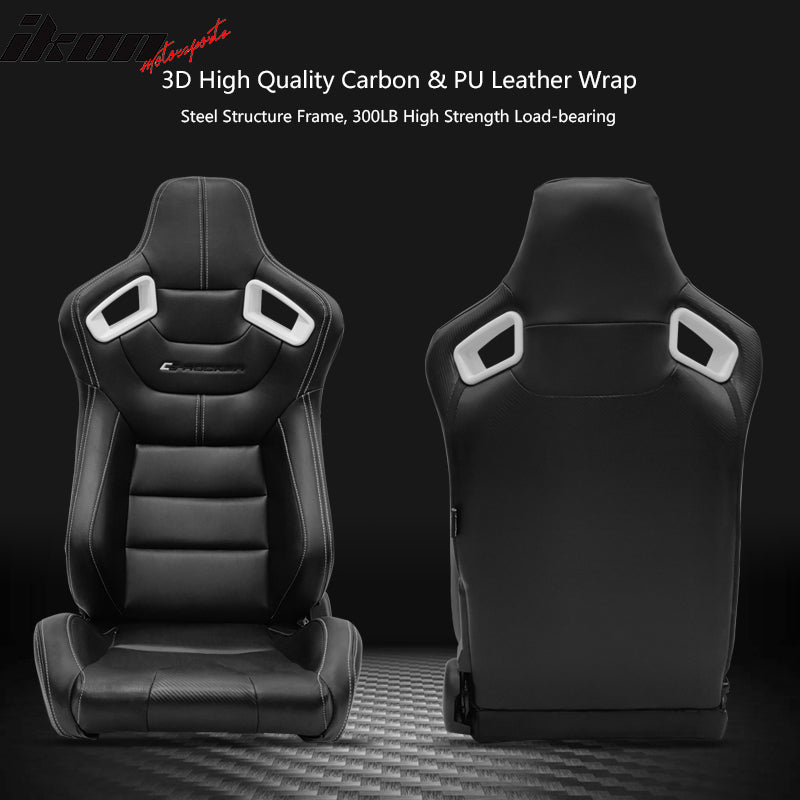 Universal Adjust Racing Seat PU Carbon White Bezel &Dual Slider Cam-lock Belt x2