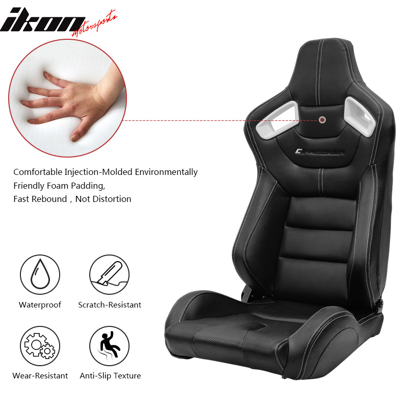 Universal Adjust Racing Seat PU Carbon White Bezel & Dual Slider Buckle Belt x2