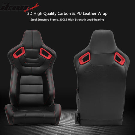 Universal Adjustable Racing Seat PU Carbon Red Bezel &Dual Slider Buckle Belt x2