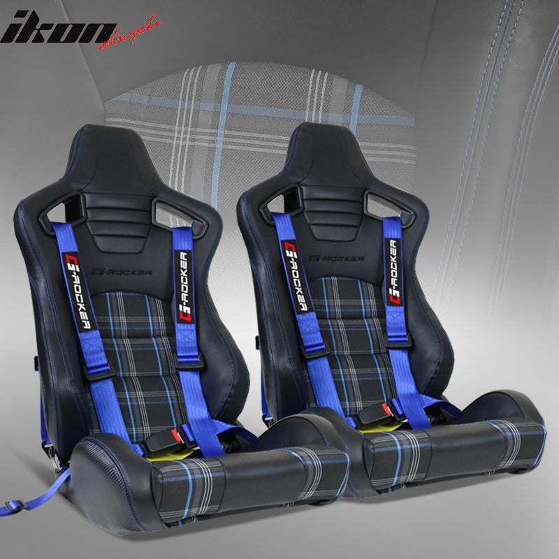 Universal Blue Plaid Racing Seat Dual Slider Buckle Belt PU Carbon