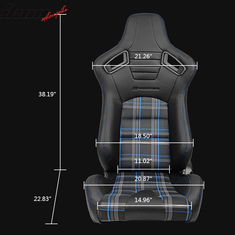 Universal Recline Racing Seat PU Carbon Blue Plaid & Dual Slider Buckle Belt x2