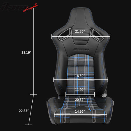Universal Recline Racing Seat PU Carbon Blue Plaid & Dual Slider Buckle Belt x2