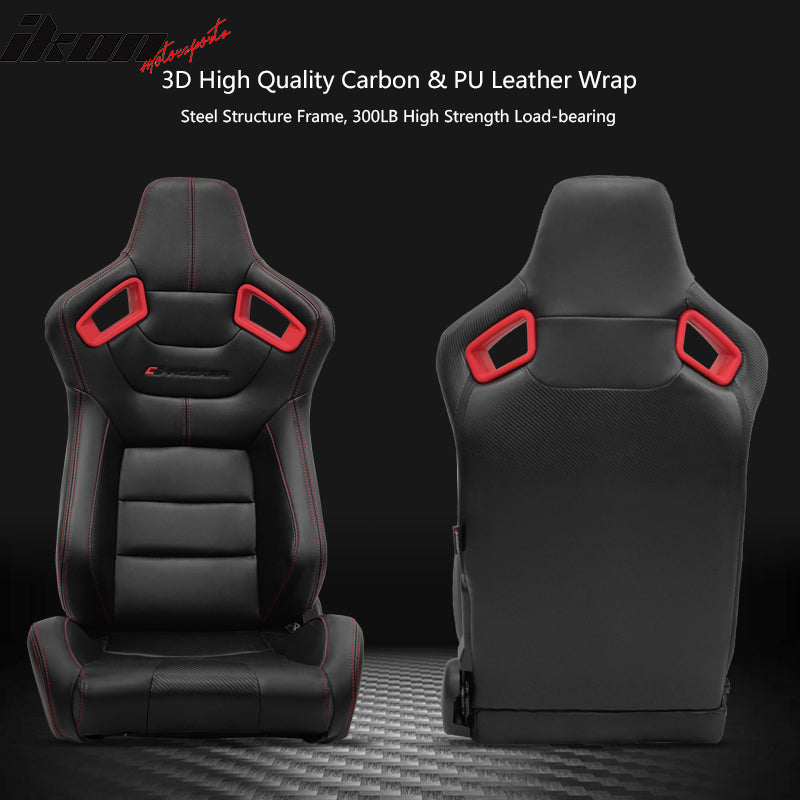 Universal Adjust Racing Seat PU Carbon Red Bezel & Dual Slider Cam-lock Belt x2