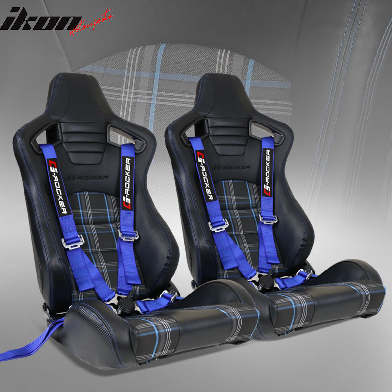 Universal Blue Plaid Racing Seat Dual Slider Cam-lock Belt PU Carbon