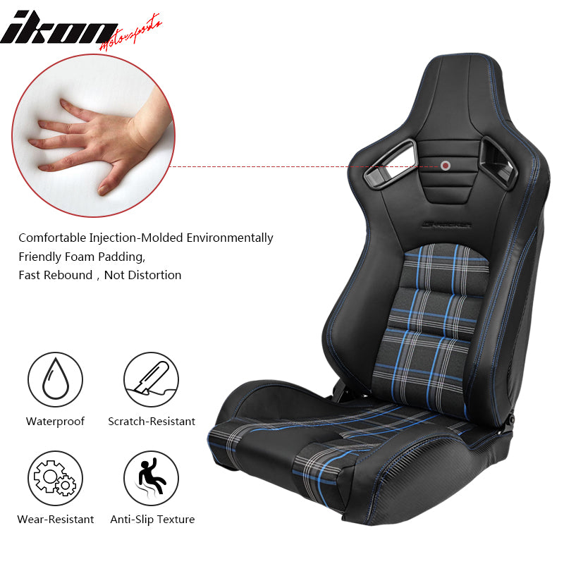 Universal Recline Racing Seat PU Carbon Blue Plaid &Dual Slider Cam-lock Belt x2