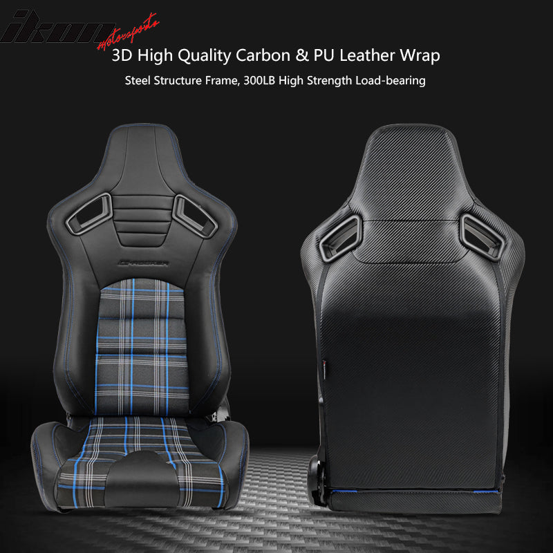 Universal Recline Racing Seat PU Carbon Blue Plaid &Dual Slider Cam-lock Belt x2