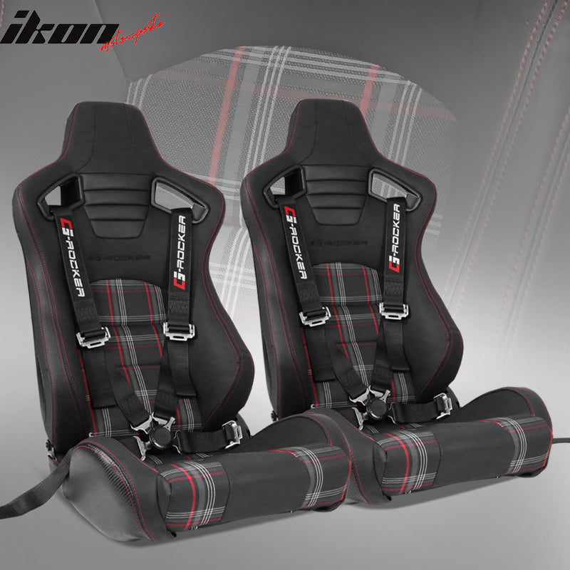 Universal Red Plaid Racing Seat Dual Slider Cam-lock Belt PU Carbon