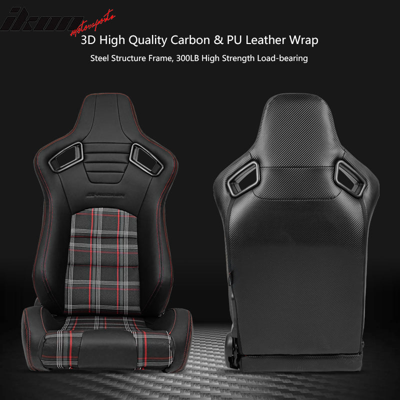 Universal Recline Racing Seat PU Carbon Red Plaid & Dual Slider Cam-lock Belt x2
