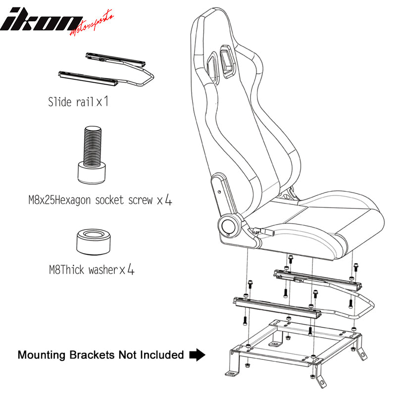 Universal Recline Bucket Racing Seat White PU & Dual Slider Buckle Style Belt x2