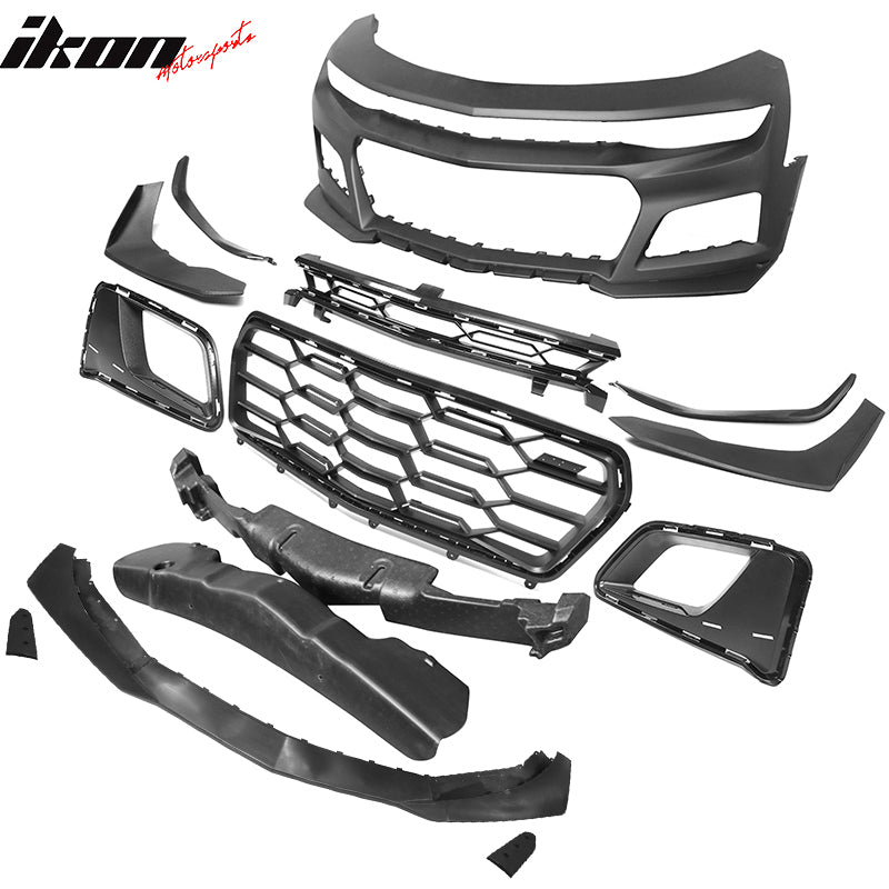 IKON MOTORSPORTS, Front Bumper Conversion Compatible With 2019-2024 Camaro LS LT1 (Not Fit ZL1 w/ Signature Headlight), ZL1 1LE Style Unpainted Black PP Bumper Cover Guard Bodykit, 2020 2021