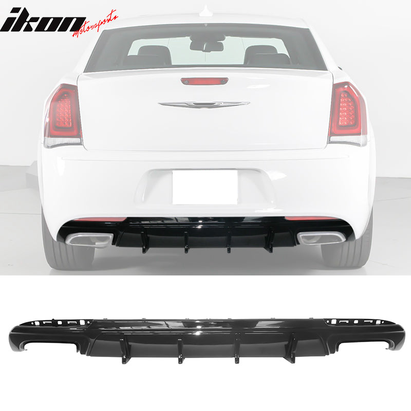 IKON MOTORSPORTS, Rear Diffuser Compatible With 2015-2023 Chrysler 300, PP Rear Lower Valance Bumper Lip With Shark Fin Splitter Part 2pc Set, 2016 2017 2018 2019 2020 2021
