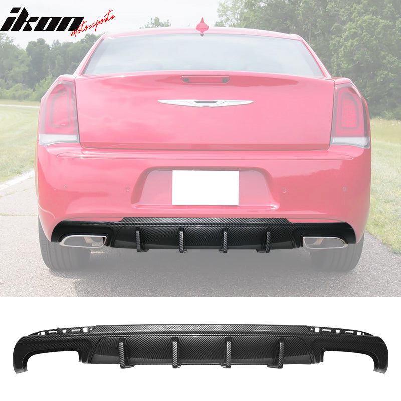 IKON MOTORSPORTS, Rear Diffuser Compatible With 2015-2023 Chrysler 300, PP Rear Lower Valance Bumper Lip With Shark Fin Splitter Part 2pc Set, 2016 2017 2018 2019 2020 2021