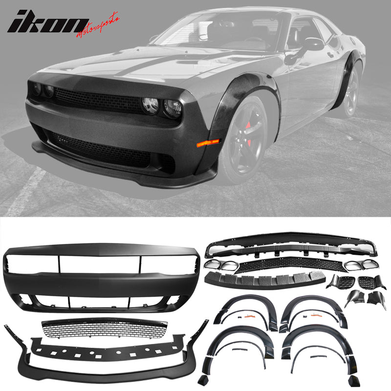 IKON MOTORSPORTS, Front+Rear Bumper Cover+Lip+Rear Diffuser+Fender Flare Compatible With 2008-2014 Dodge Challenger