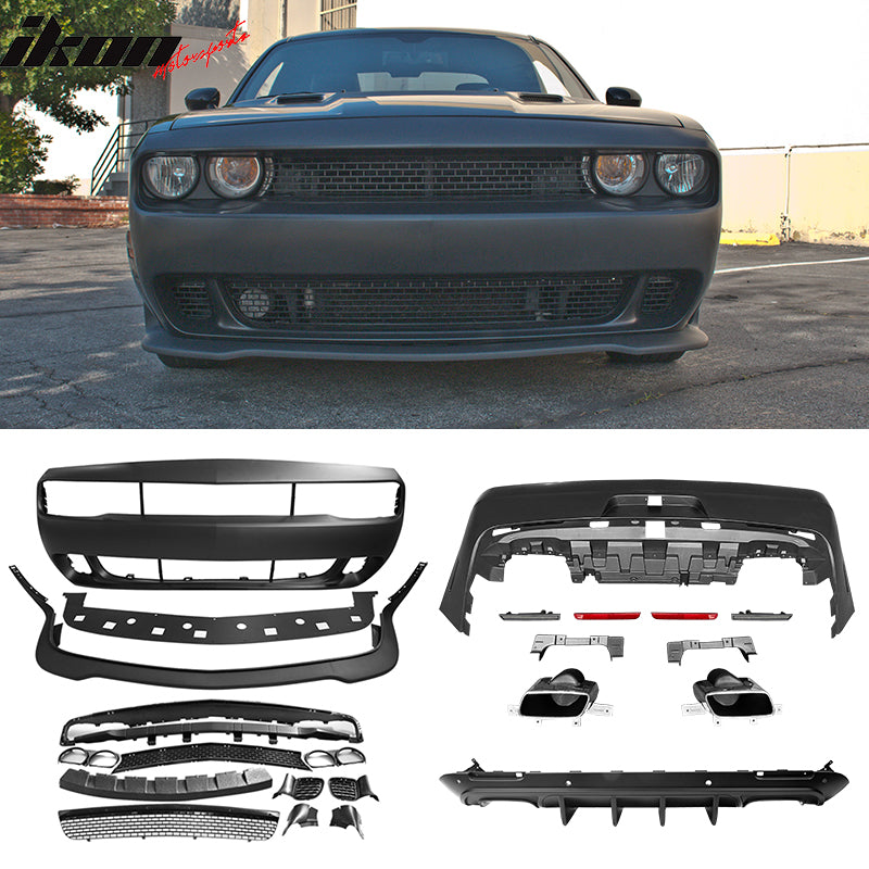 IKON MOTORSPORTS, Front+Rear Bumper Cover+Lip+Diffuser Compatible With 2008-2014 Dodge Challenger, PP Hellcat Style