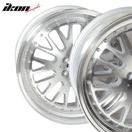 IKON MOTORSPORTS, (2) 18X8.5 +35 5X100 Step Lip Mesh Wheels Rim Replacement for Audi Chrysler Dodge Mazda Saab Scion Subaru Toyota VW, Silver Face + Machine Lip + Chrome Rivets