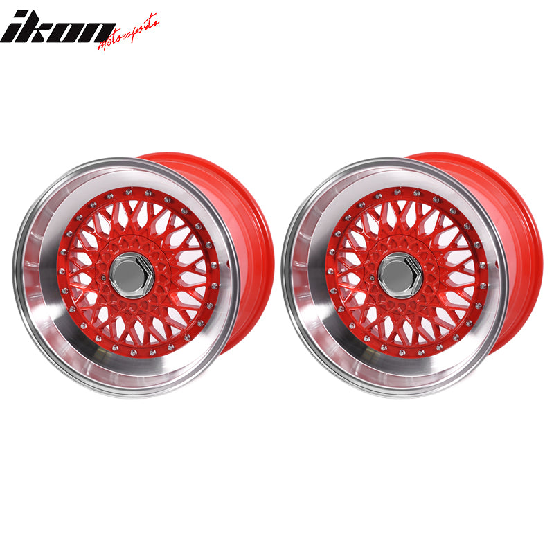 IKON MOTORSPORTS, (2) 17X10 +30 5X100 / 5X114.3 Step Lip Deep Dish Mesh Wheels Rim Replacement for Most Cars, Red Face + Red Machine Lip + Chrome Rivets