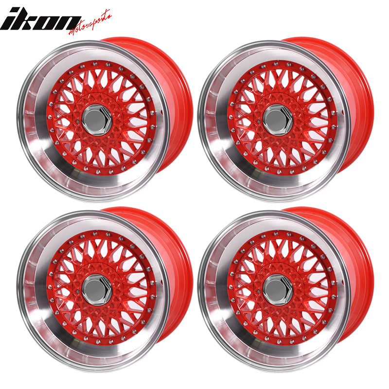 IKON MOTORSPORTS, (4) 17X10 +30 5X100 / 5X114.3 Step Lip Deep Dish Mesh Wheels Rim Replacement for Most Cars, Red Face + Red Machine Lip + Chrome Rivets