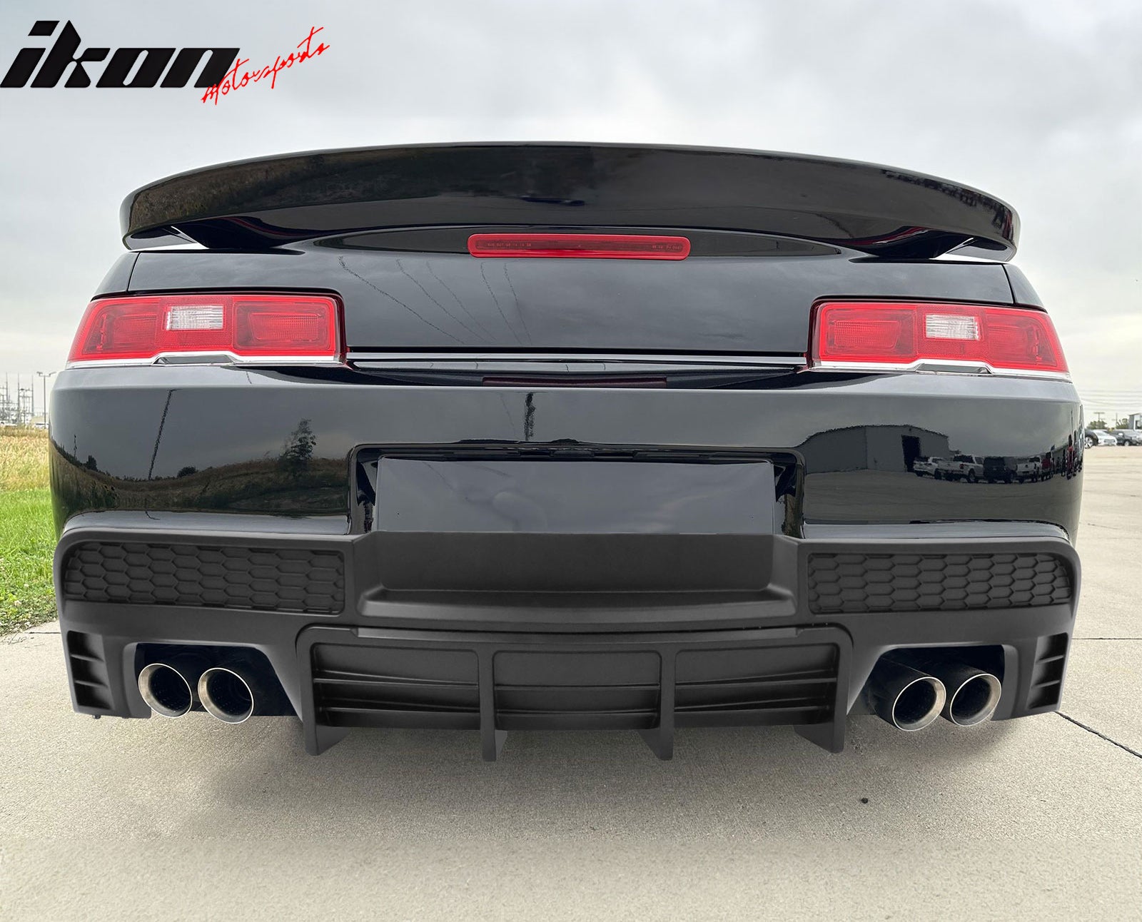 IKON MOTORSPORTS, Rear Diffuser + Stainless Steel Quad Exhaust Tips Compatible With 2014-2015 Chevrolet Camaro LT / LS Models