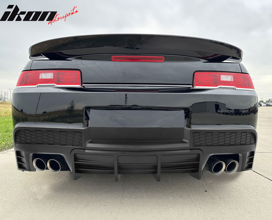 IKON MOTORSPORTS, Rear Diffuser + Stainless Steel Quad Exhaust Tips Compatible With 2014-2015 Chevrolet Camaro LT / LS Models