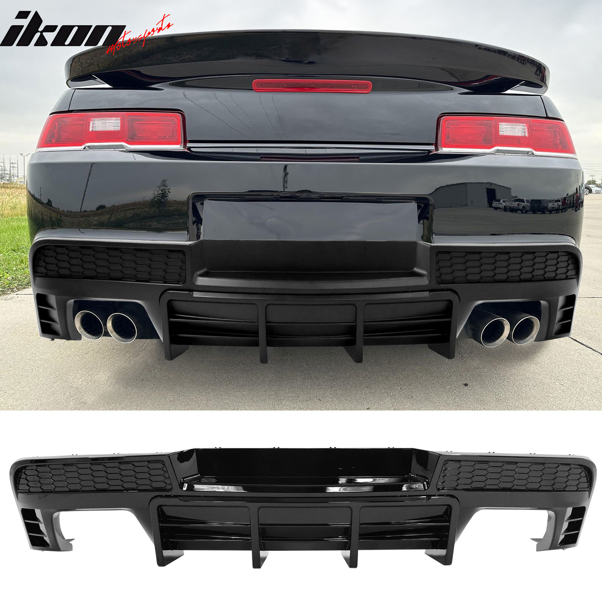 Fits 14-15 Chevy Camaro LT LS Ikon Black Rear Diffuser + Quad Exhaust Tips