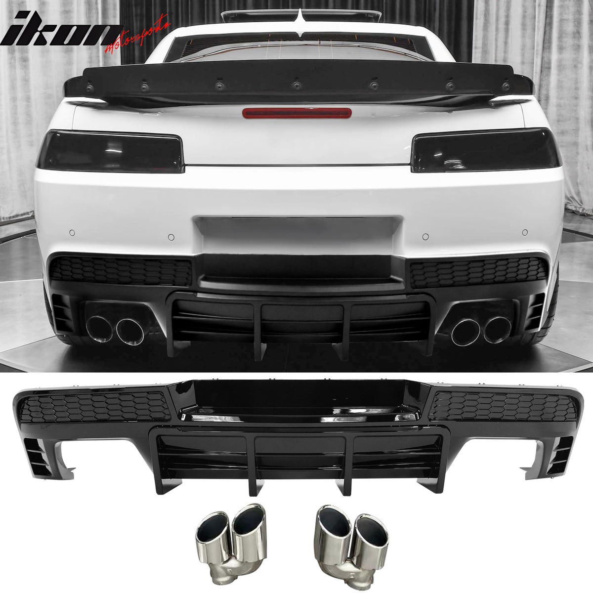 Fits 14-15 Chevy Camaro LT LS Ikon Black Rear Diffuser + Quad Exhaust Tips