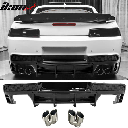 Fits 14-15 Chevy Camaro LT LS Ikon Black Rear Diffuser + Quad Exhaust Tips
