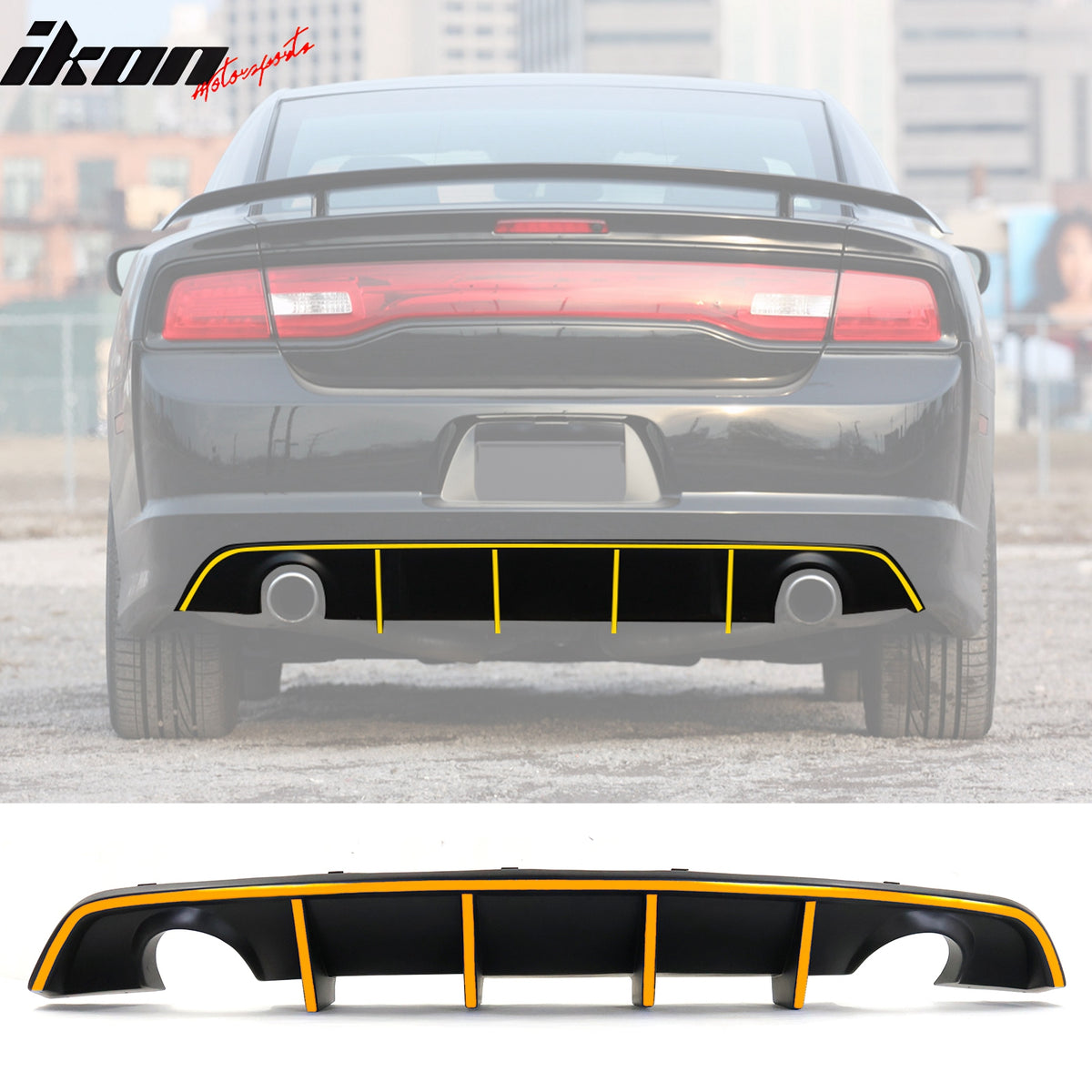 IKON MOTORSPORTS, Rear Diffuser w/ Reflective Tape Compatible With 2012-2014 Dodge Charger SRT8, V2 Style PP Splitter Spoiler Valance Chin Bumper Lip Bodykit with Safety Tape, 2013