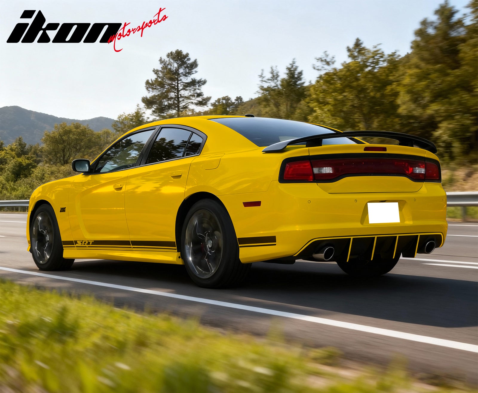 IKON MOTORSPORTS, Rear Diffuser w/ Yellow Reflective Tape Compatible With 2012-2014 Dodge Charger SRT8, V2 Style PP Splitter Spoiler Valance Chin Bumper Lip Bodykit with Yellow Safety Tape, 2013