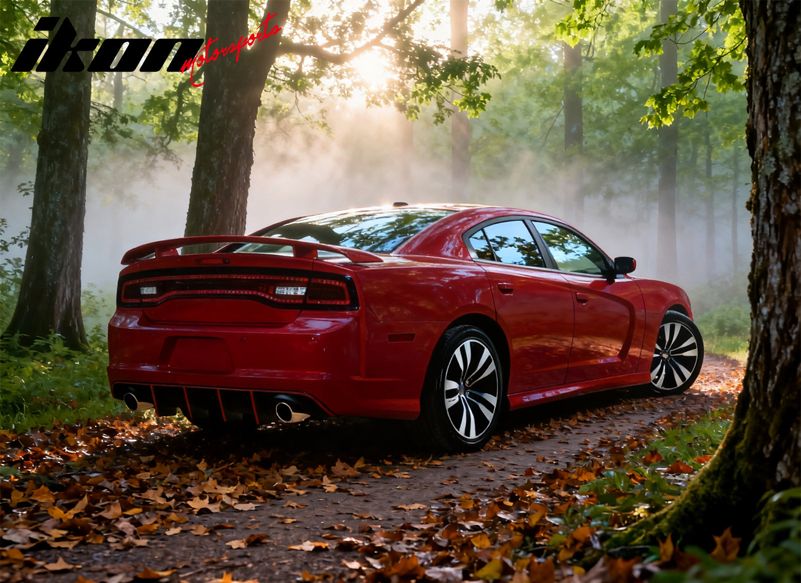 IKON MOTORSPORTS, Rear Diffuser w/ Red Reflective Tape Compatible With 2012-2014 Dodge Charger SRT8, V2 Style PP Splitter Spoiler Valance Chin Bumper Lip Bodykit with Red Safety Tape, 2013