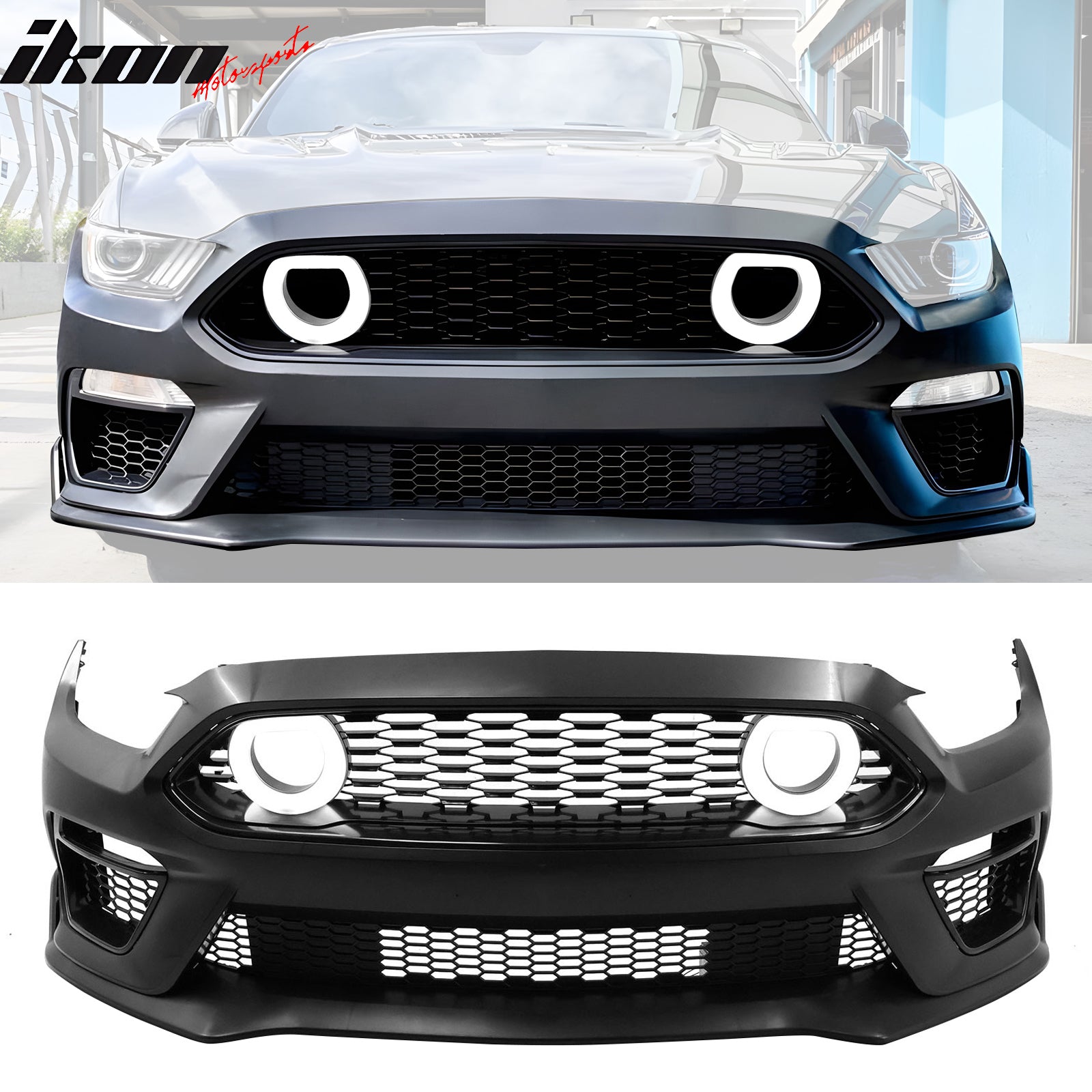 IKON MOTORSPORTS, Front Bumper Cover Grilles W/ Lamp Compatible With 2015-2017 Ford Mustang EcoBoost & GT Only, Mach 1 PP Primer Black Front Bumper Cover W/ Grille Fog Cover 2024 LED Headlights