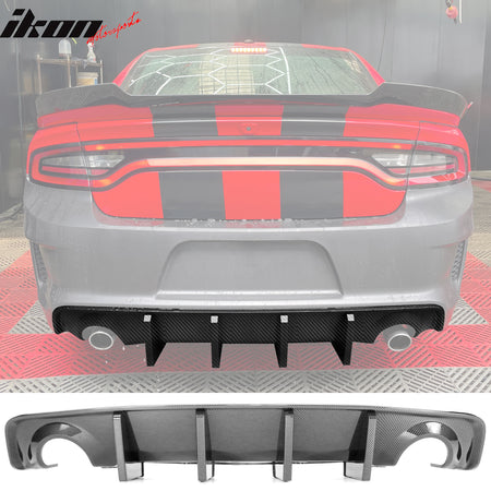 IKON MOTORSPORTS, Rear Diffuser Lip + Side Apron Spats Compatible With 2020-2023 Dodge Charger Widebody, IKON Style Rear Bumper Lip With 4 Fins Carbon Fiber Print PP, 2021 2022