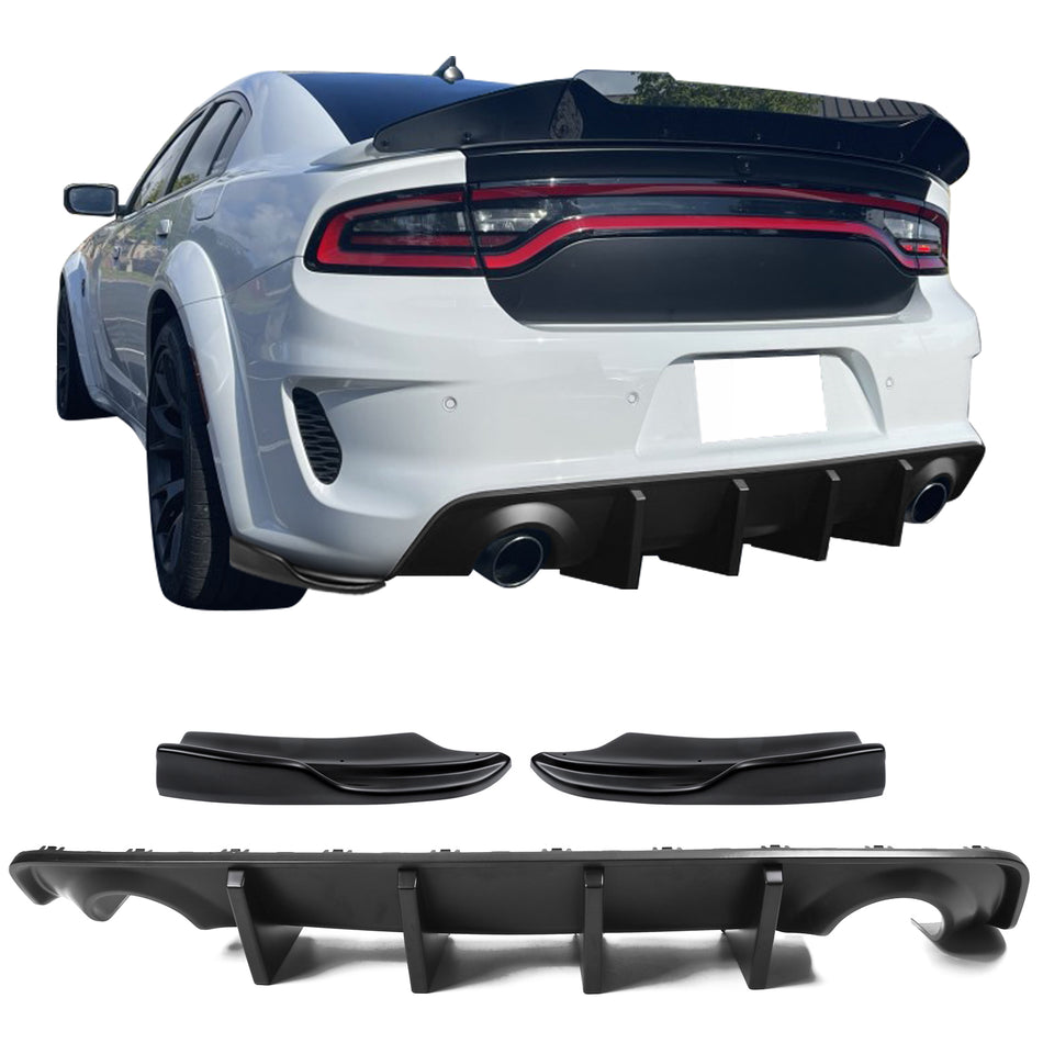 IKON MOTORSPORTS, Rear Diffuser Lip + Side Apron Spats Compatible With 2020-2023 Dodge Charger Widebody, With 4 Fins