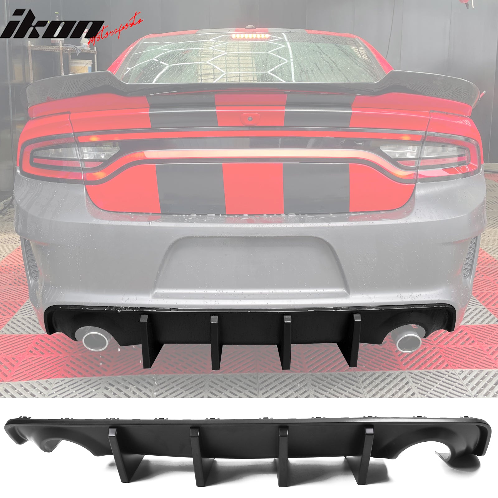 IKON MOTORSPORTS, Rear Diffuser Lip + Side Apron Spats Compatible With 2020-2023 Dodge Charger Widebody, IKON Style Rear Bumper Lip With 4 Fins Matte Black PP, 2021 2022