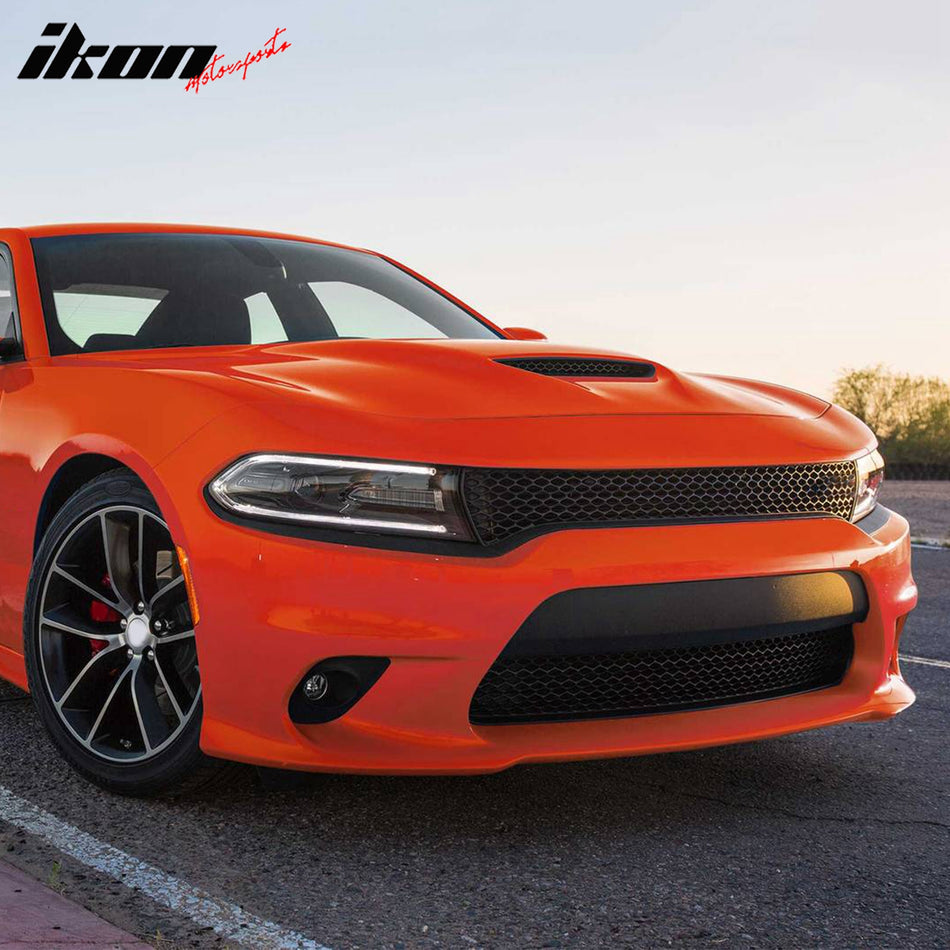 IKON MOTORSPORTS, Front Bumper Conversion Cover Compatible With 2015-2023 Dodge Charger, Unpainted 15 SRT Hellcat PP Fascia Support W/ Lower & Upper Grille + Fascia Applique + Fog Light Lamp W/ Cover