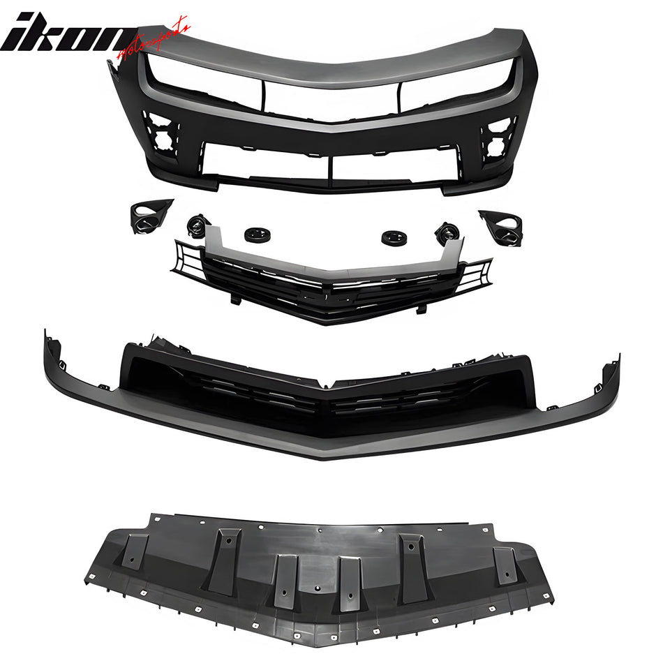 IKON MOTORSPORTS, Front Bumper Cover Compatible With 2010-2013 Chevy Camaro & 2014-2015 Camaro ZL1 Models, ZL1 Style PP Front Bumper Undertray W/ Lower Upper Grille + Foglight W/ Cover Replacement