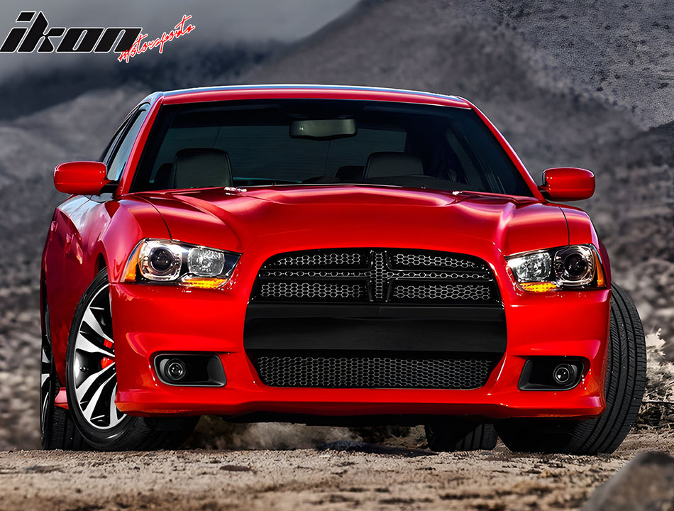 IKON MOTORSPORTS, Front Bumper Cover Compatible With 2011-2014 Dodge Charger, PP SRT8 Style Front Bumper Conversion Kit + Foglight Covers + Upper & Lower Grilles Without ACC Adaptive Cruise Control