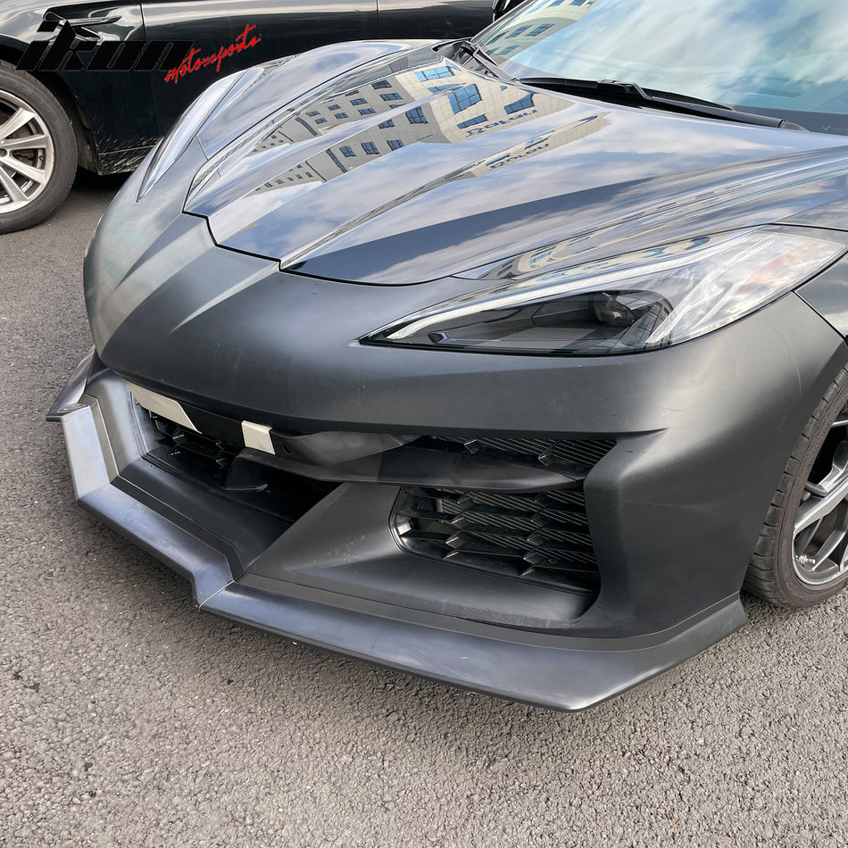 IKON MOTORSPRTS, Front Bumper Cover Compatible With 2020-2024 Chevrolet Corvette, Unpainted Black Bumper Conversion E-RAY Style PP Replacement with Grille, Lip and All Trims