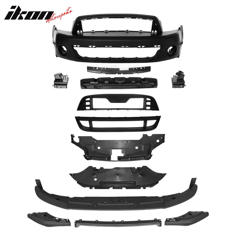 IKON MOTORSPRTS, Front Bumper Cover Compatible With 2010-2014 Ford Mustang GT500/V6/GT, GT500 Style Bumper Conversion Shield with Upper Lower Grille Unpainted Black PP Lip Spoiler Splitter Deflector