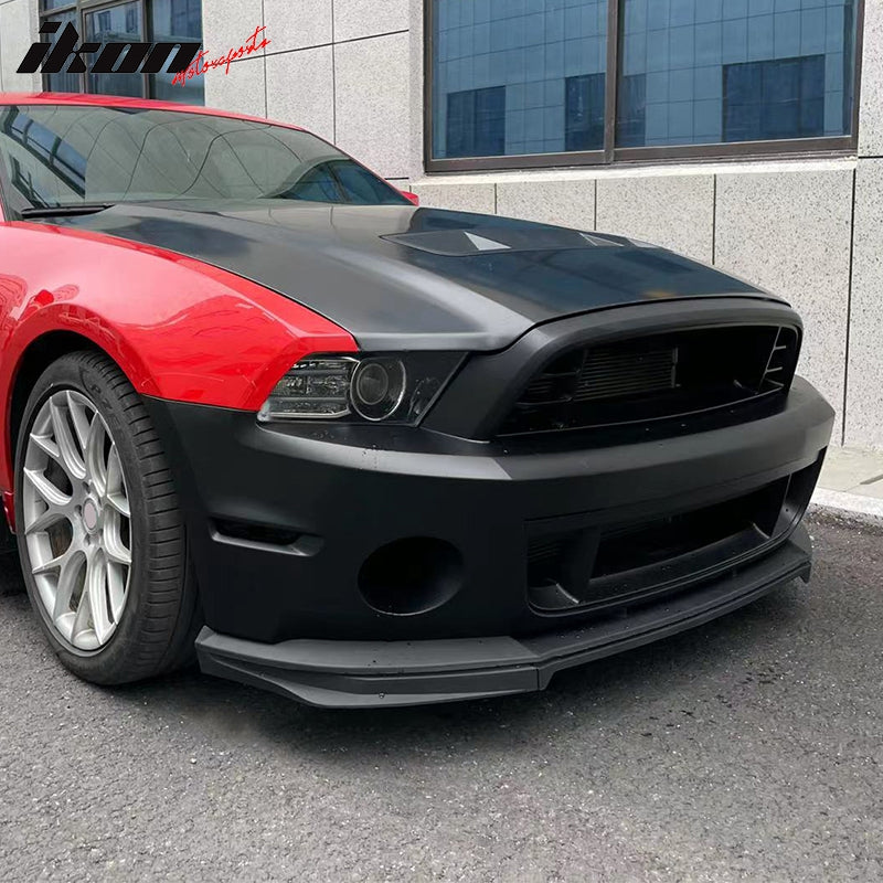 IKON MOTORSPRTS, Front Bumper Cover with Hood Compatible With 2010-2014 Ford Mustang, GT500 Style Bumper Conversion Shield with Upper Lower Grille Unpainted Black PP Lip Spoiler Splitter Deflector