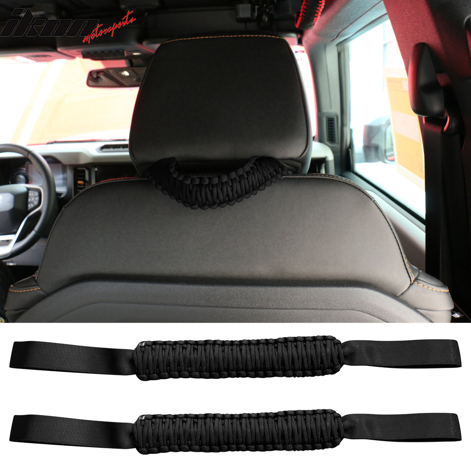 IKON MOTORSPORTS, Front Headrest Grab Handles Compatible With 2021-2023 Ford Bronco 2/4 Door, Nylon (2PCS)