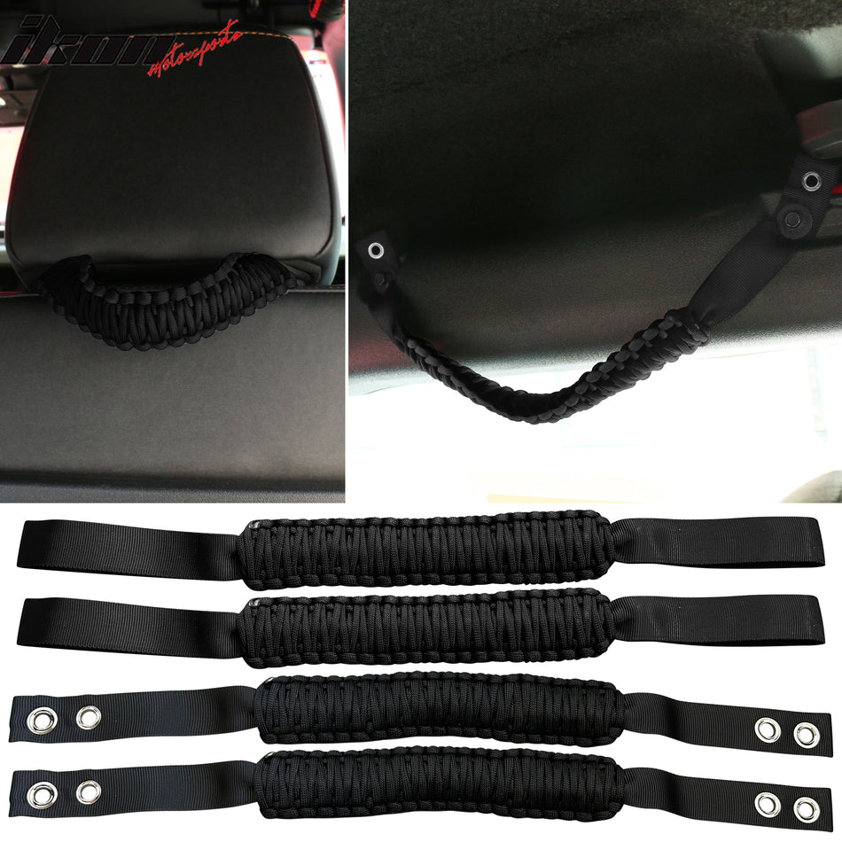 IKON MOTORSPORTS, 2PC Headrest Handles + 2PC Roll Bar Grab Compatible With 2021-2023 Ford Bronco 2/4 Door, Nylon Interior Front Seat Roll Bar Handle Grab Paracord Grip Accessories