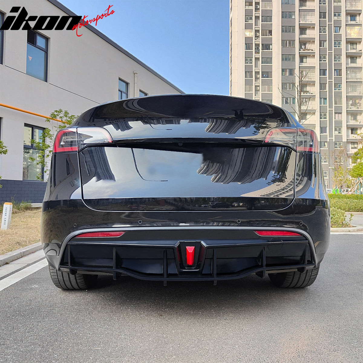 IKON MOTORSPORTS Rear Bumper Lip W/ Brack Light + Rear Aprons, Compatible with 2020-2024 Tesla Model Y, IKON Style Matte Black PP Rear Lower Spoiler Valance Splitter Side Spat Winglet Canard 3PCS