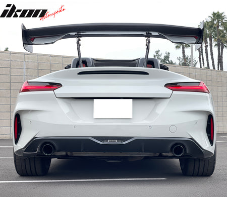 IKON MOTORSPORTS, Universal Fit 57'' Inch Trunk Spoiler, 12" Height Drag Style Carbon Fiber Rear Trunk Lid Spoiler Wing Lip + V2 Side Plates + V3 Aluminum Alloy Spoiler Legs