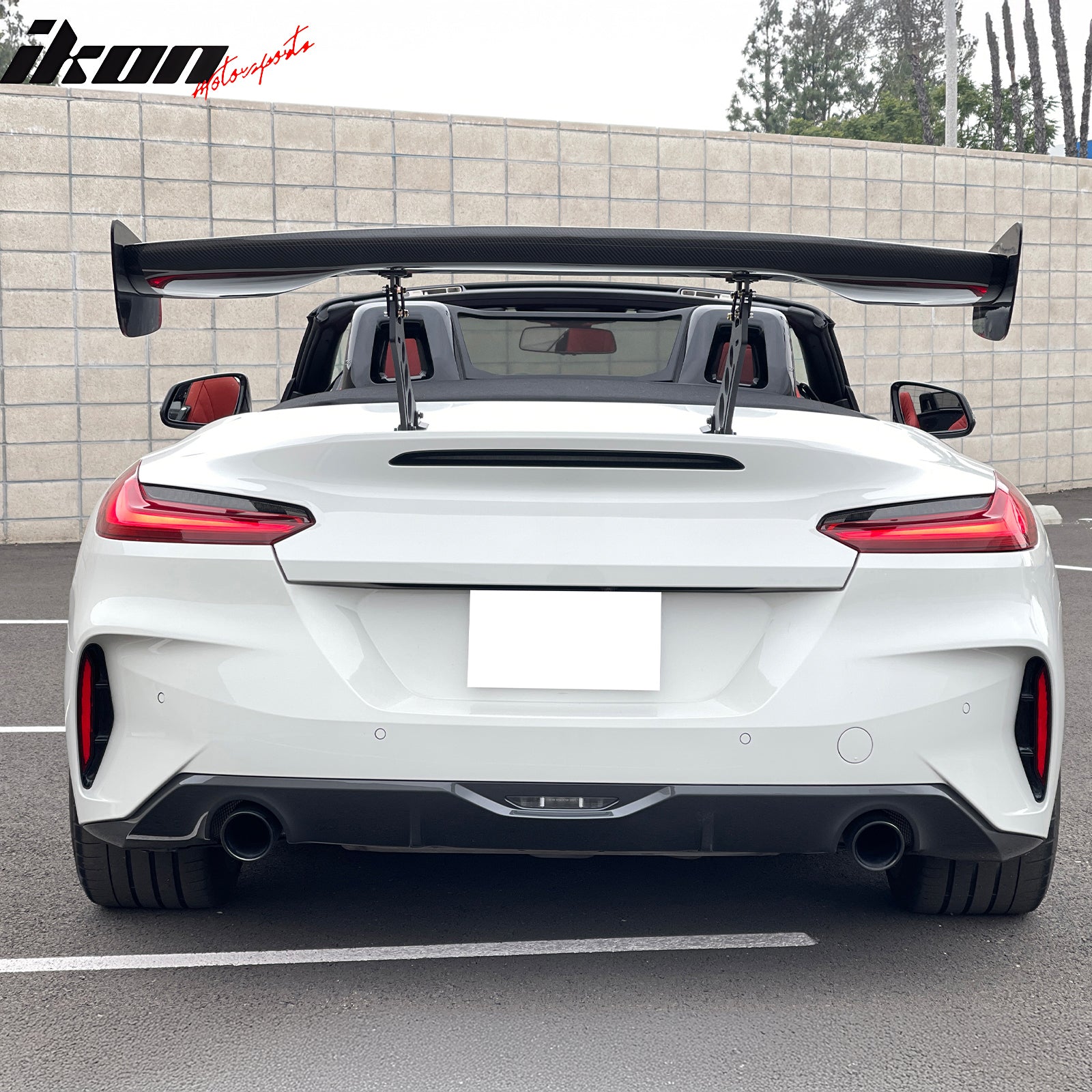 IKON MOTORSPORTS, Universal Fit 57'' Inch Trunk Spoiler, 12" Height Drag Style Carbon Fiber Rear Trunk Lid Spoiler Wing Lip + V2 Side Plates + V5 Aluminum Alloy Spoiler Legs