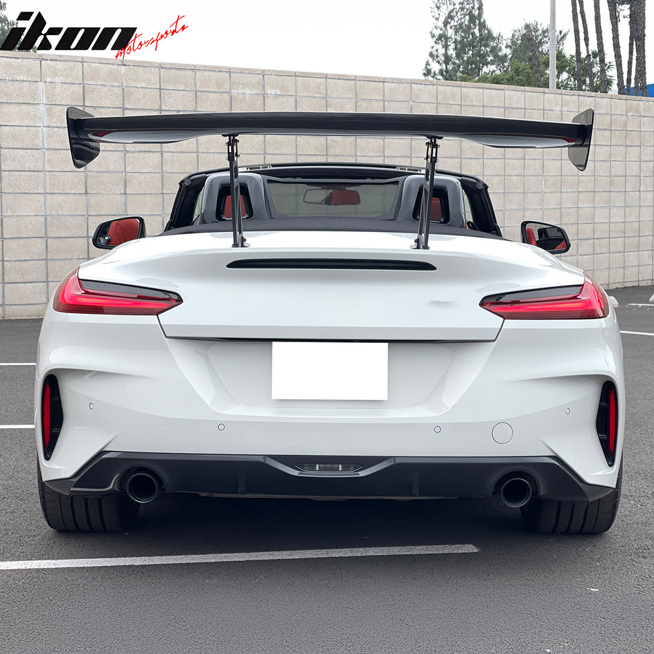 IKON MOTORSPORTS, Universal Fit 57'' Inch Trunk Spoiler, 12" Height Drag Style Carbon Fiber Rear Trunk Lid Spoiler Wing Lip + V2 Side Plates + V6 Aluminum Alloy Spoiler Legs