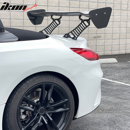 IKON MOTORSPORTS, Universal Fit 56'' Inch Trunk Spoiler, GT Style Unpainted Black Carbon Fiber Rear Trunk Lid Spoiler Wing Lip + V3 Side Plates + V3 Aluminum Alloy Spoiler Legs