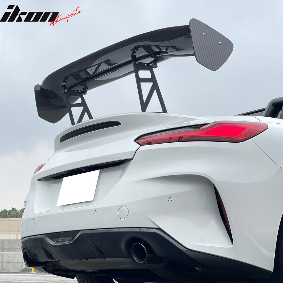 IKON MOTORSPORTS, Universal Fit 56'' Inch Trunk Spoiler, GT Style Unpainted Black Carbon Fiber Rear Trunk Lid Spoiler Wing Lip + V3 Side Plates + V6 Aluminum Alloy Spoiler Legs