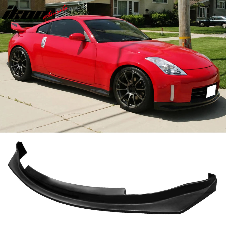IKON MOTORSPORTS Front Bumper Lip + Matching Splitter, Compatible with 2006-2009 Nissan 350Z, N1 Style Unpainted Black PU Polyurethane Front Lower Air Dam Chin Spoiler Protector Splitter 2PCS