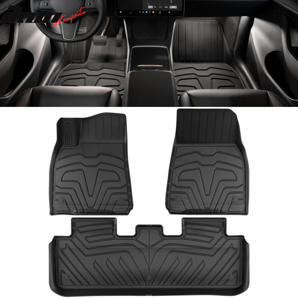 IKON MOTORSPORTS 3D TPE Floor Mats + Trunk Mat, Compatible with 2020-2023 Tesla Model Y, All Weather Floor Liners, Front & 2nd Row Full Set Custom Protection Heavy Duty Rear Tray Cargo Mats, Black