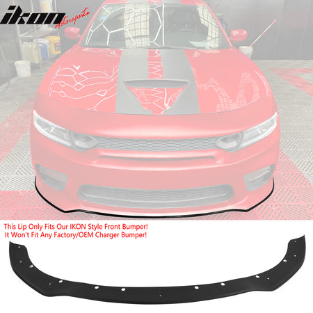 IKON MOTORSPORTS, Front Bumper Conversion W/ Matte Black Lip Compatible With 2015-2023 Dodge Charger, Widebody Style Front Bumper Cover & Upper Grille & Lower Grille & Foglight Covers Replacement